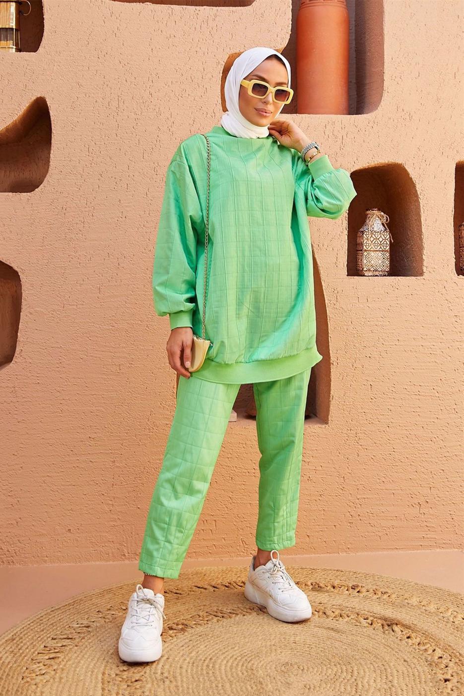 Hijab clothing GREEN QUILTED 2-PIECE PANTS SUIT 9320