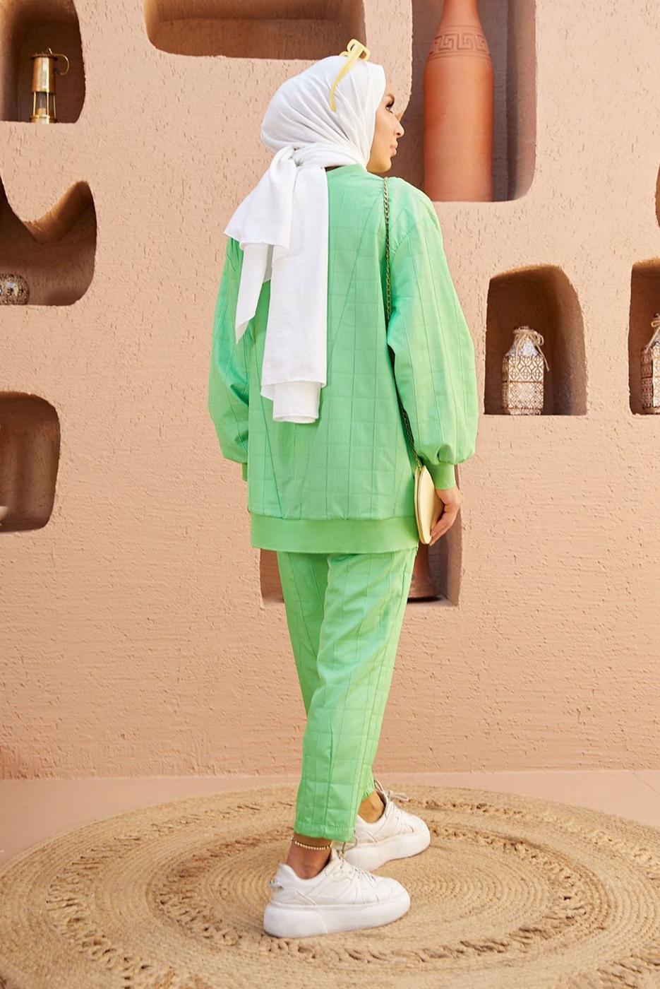 Hijab clothing GREEN QUILTED 2-PIECE PANTS SUIT 9320