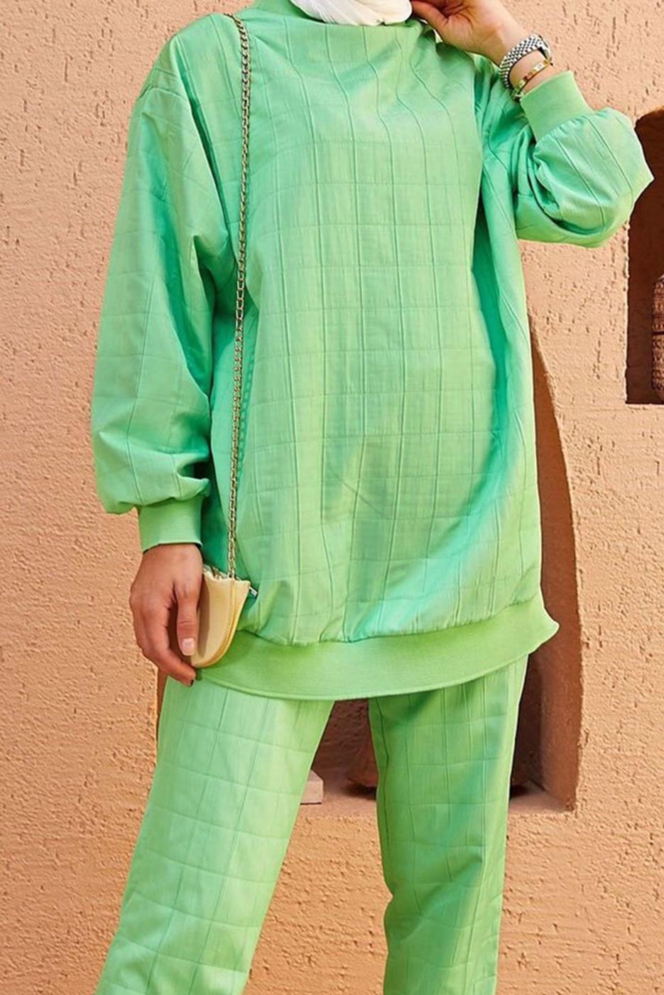 Hijab clothing GREEN QUILTED 2-PIECE PANTS SUIT 9320