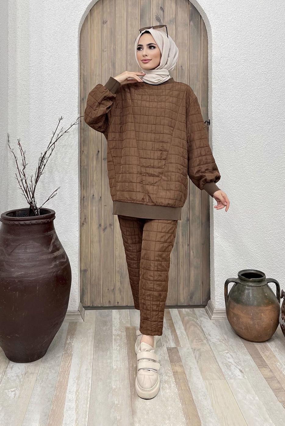 Tesettür giyim KAHVE KAPİTONE İKİLİ PANT. TAKIM 9320 