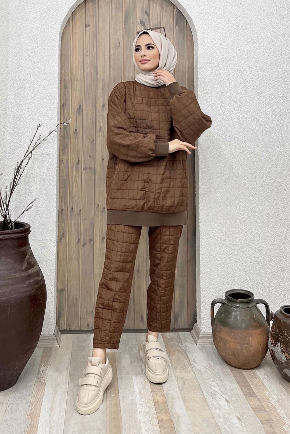 Tesettür giyim KAHVE KAPİTONE İKİLİ PANT. TAKIM 9320 