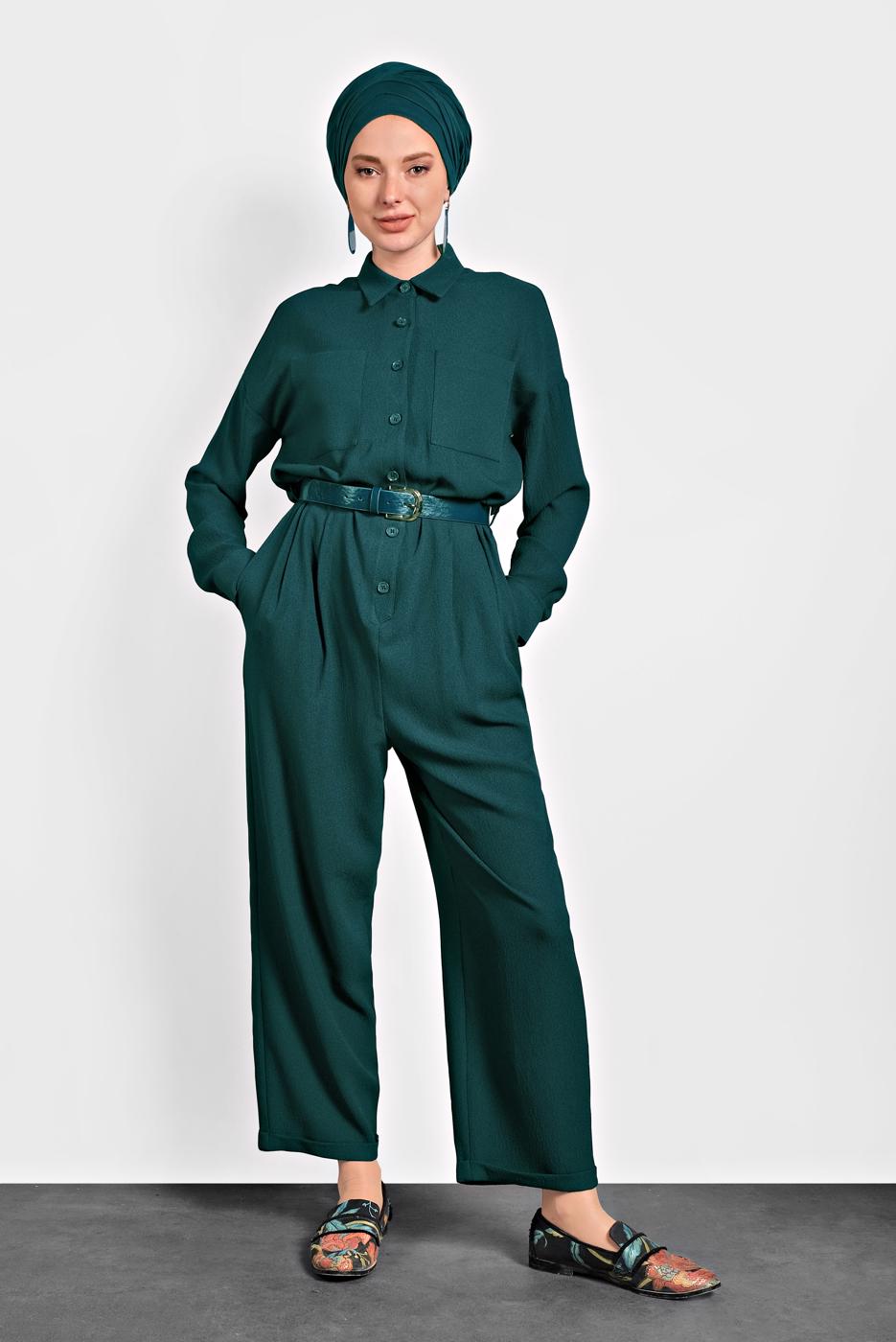 Tesettür giyim YEŞİL ALVİNA DÜĞMELİ CEPLİ TULUM 40233 