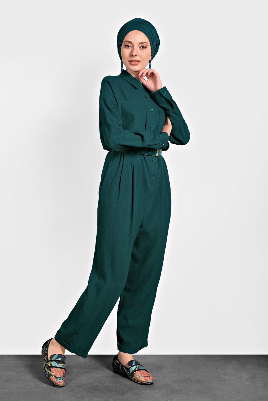 Tesettür giyim YEŞİL ALVİNA DÜĞMELİ CEPLİ TULUM 40233 
