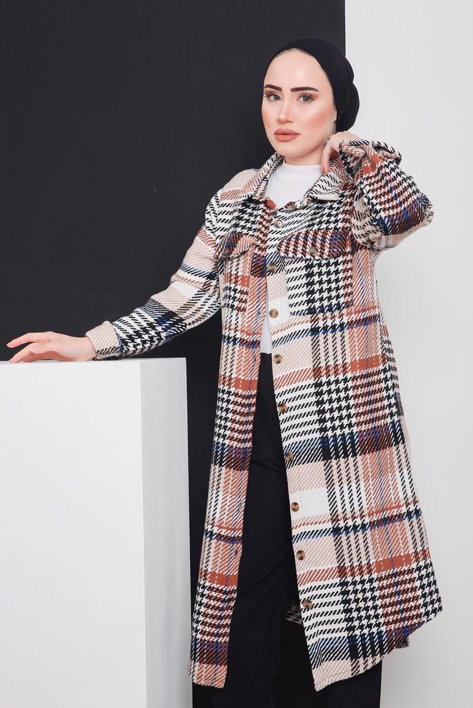 Tesettür giyim KAHVE KAZAYAĞI DESEN DETAYLI DÜĞMELİ EKOSE TUNİK 3496-1