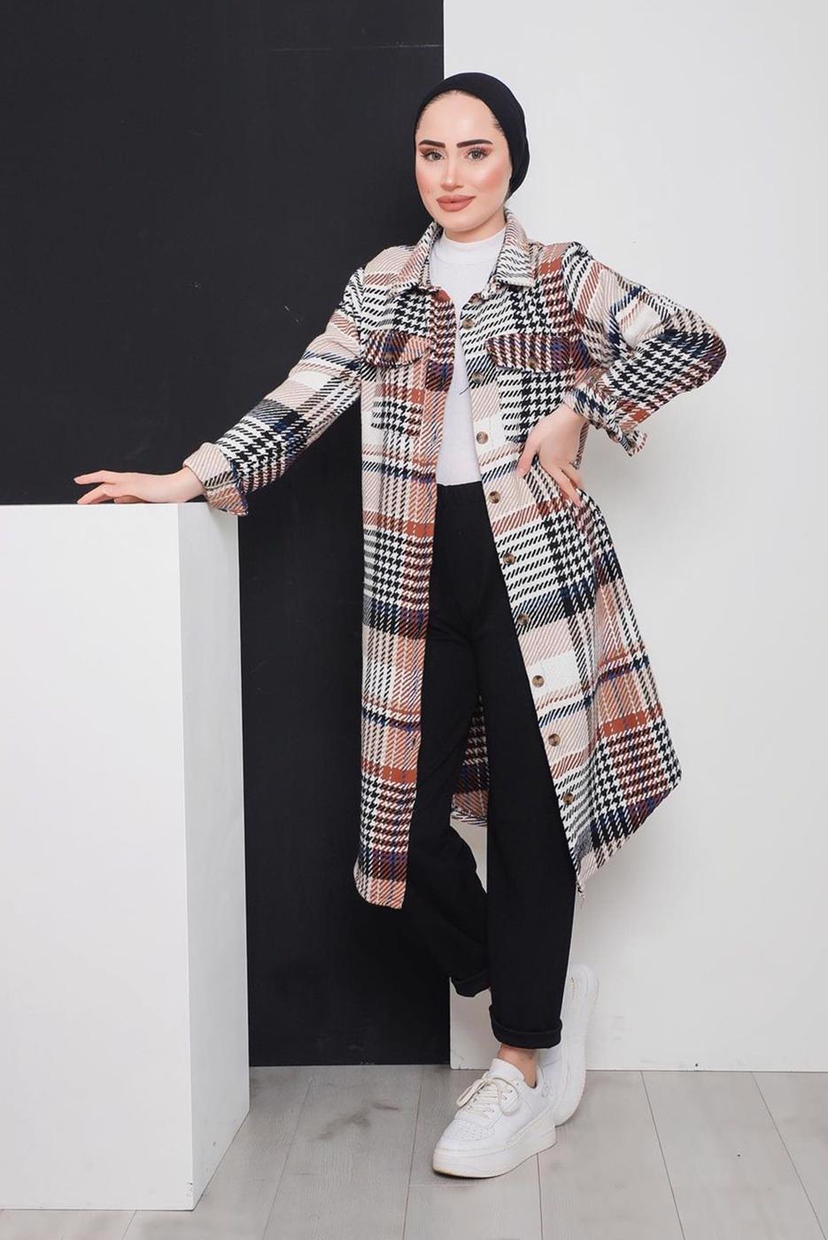 Tesettür giyim KAHVE KAZAYAĞI DESEN DETAYLI DÜĞMELİ EKOSE TUNİK 3496-1