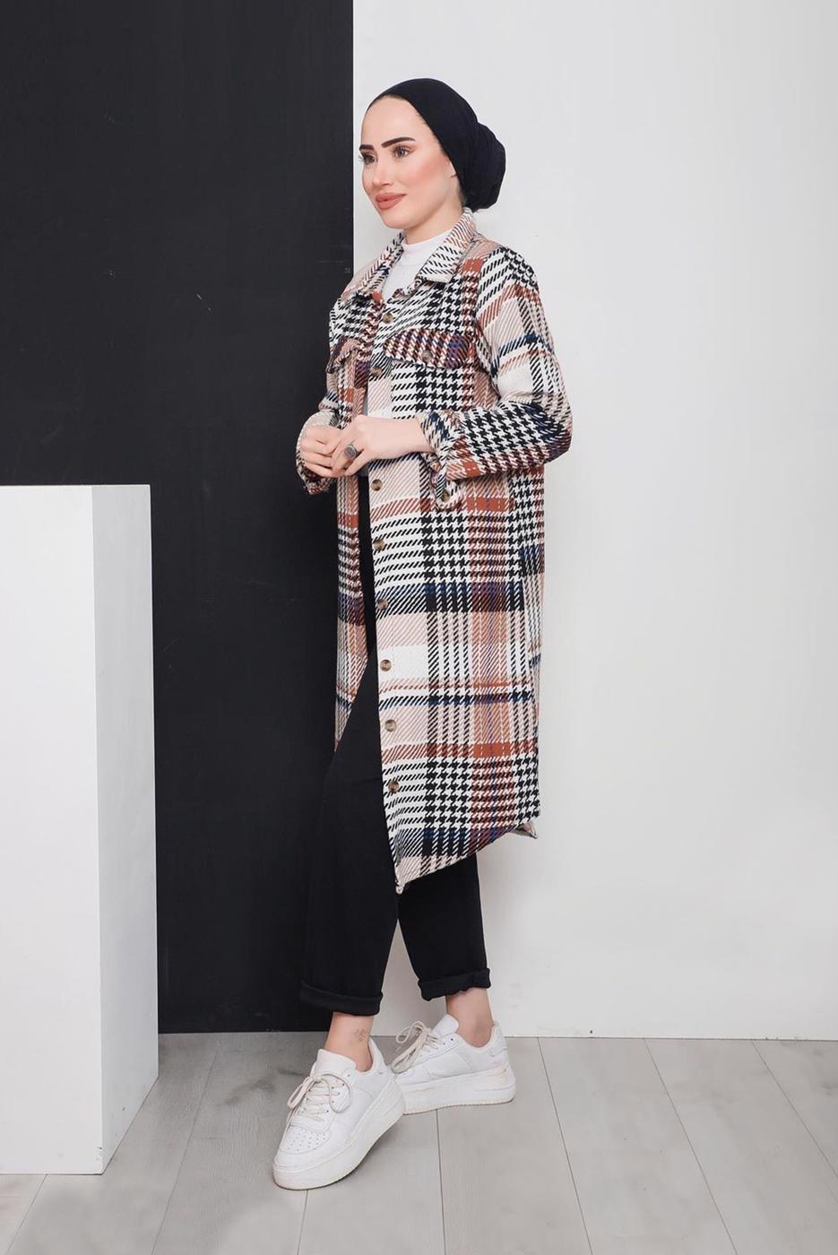 Tesettür giyim KAHVE KAZAYAĞI DESEN DETAYLI DÜĞMELİ EKOSE TUNİK 3496-1