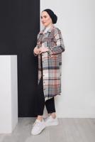 Tesettür giyim KAHVE KAZAYAĞI DESEN DETAYLI DÜĞMELİ EKOSE TUNİK 3496-1