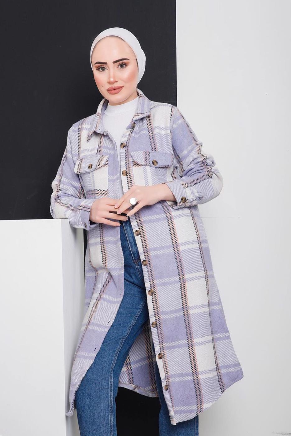 Tesettür giyim MOR DÜĞMELİ EKOSE TUNİK 3496-2 