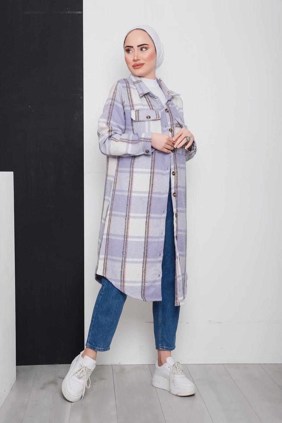 Tesettür giyim MOR DÜĞMELİ EKOSE TUNİK 3496-2 
