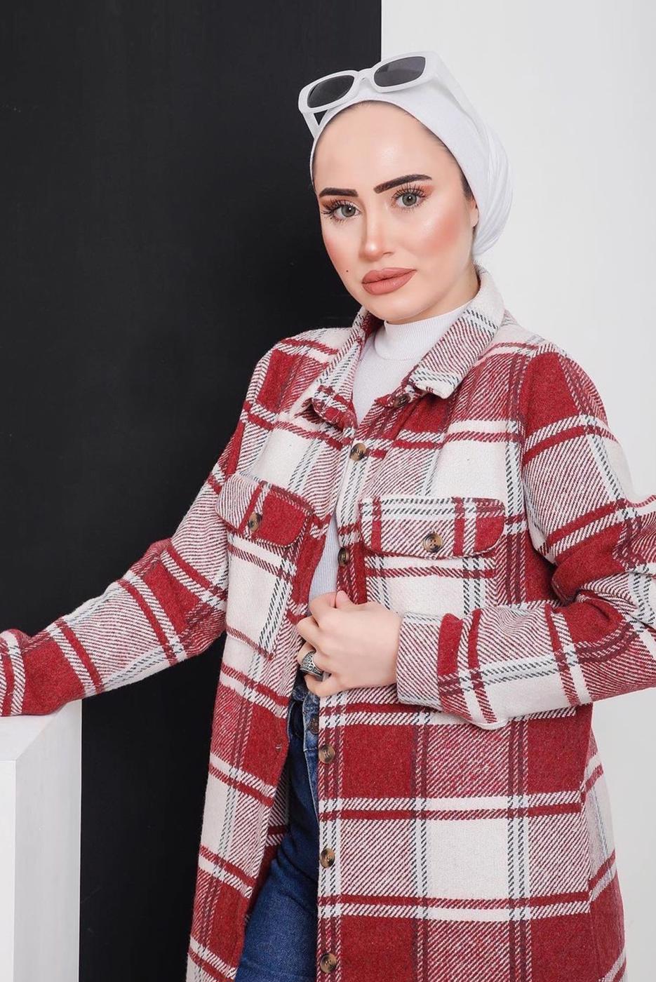 Tesettür giyim BORDO DÜĞMELİ EKOSE TUNİK 3496-2 