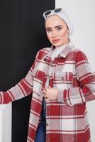 Tesettür giyim BORDO DÜĞMELİ EKOSE TUNİK 3496-2 