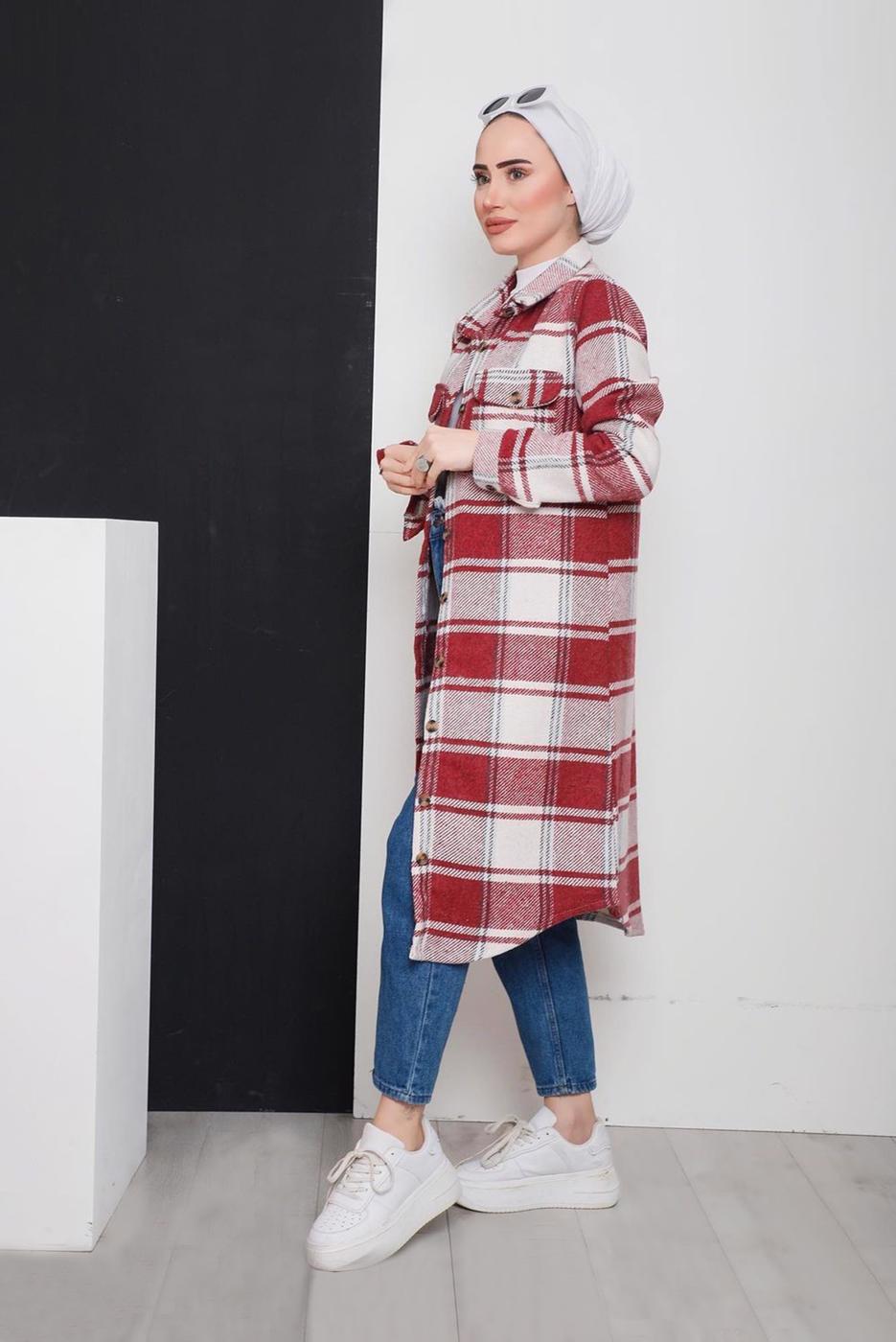 Tesettür giyim BORDO DÜĞMELİ EKOSE TUNİK 3496-2 