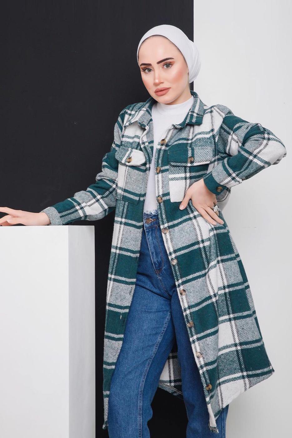 Tesettür giyim YEŞİL DÜĞMELİ EKOSE TUNİK 3496-2 