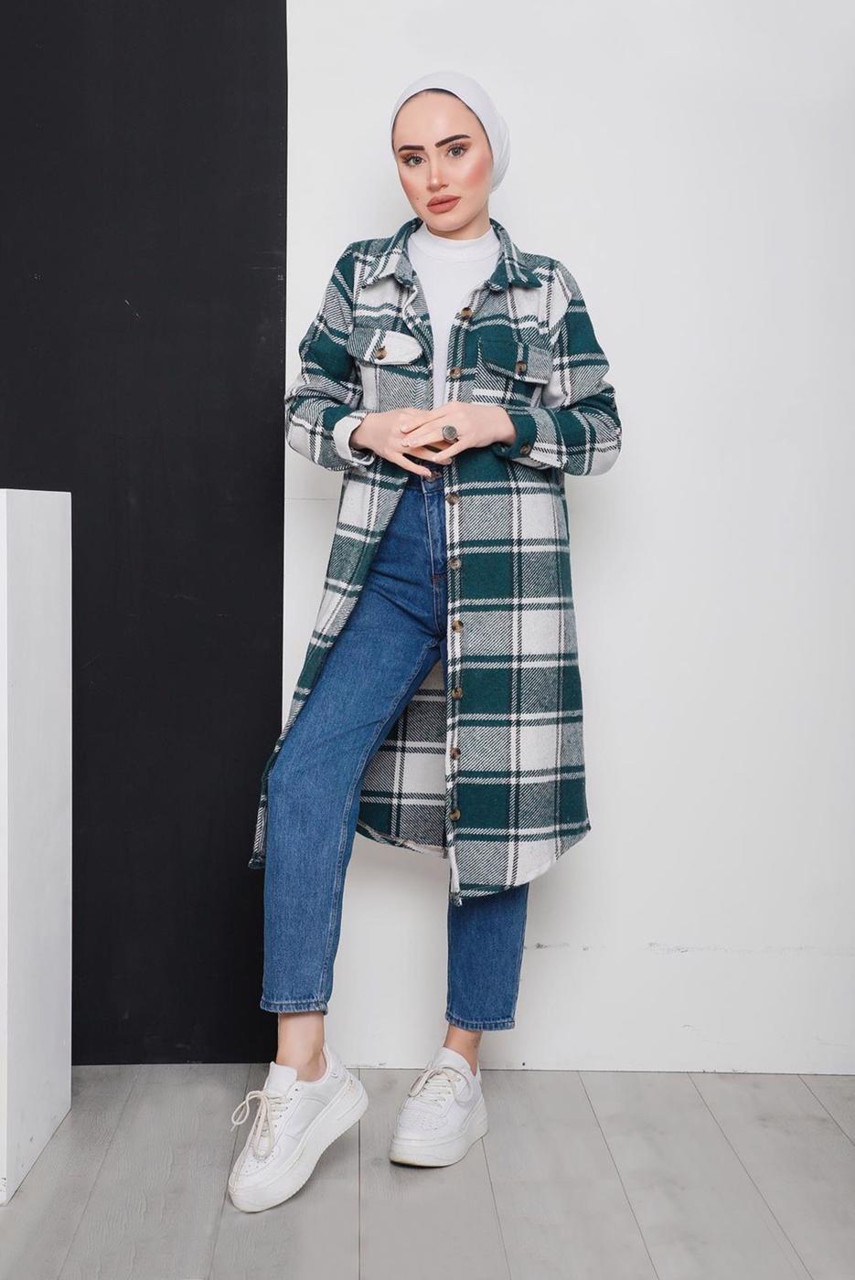 Tesettür giyim YEŞİL DÜĞMELİ EKOSE TUNİK 3496-2 
