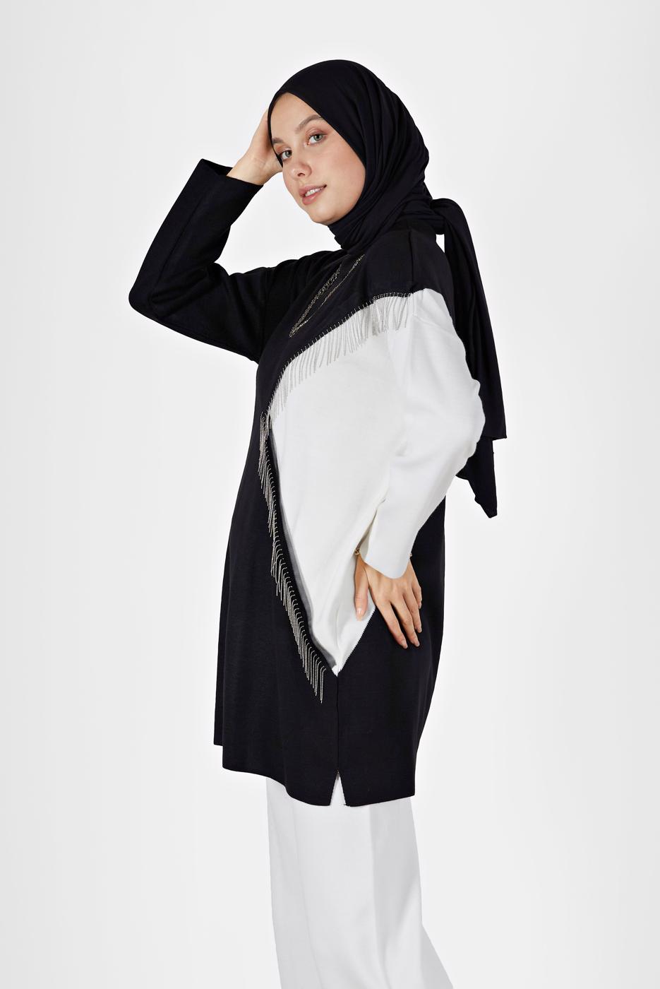 Tesettür giyim SİYAH 2 RENK PÜSKÜL DETAYLI TUNİK 33541 
