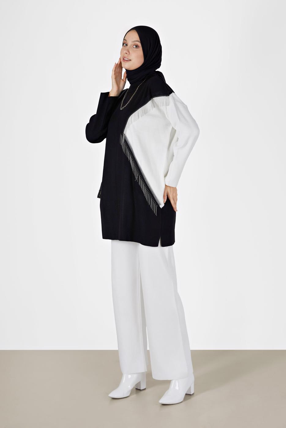 Tesettür giyim SİYAH 2 RENK PÜSKÜL DETAYLI TUNİK 33541 