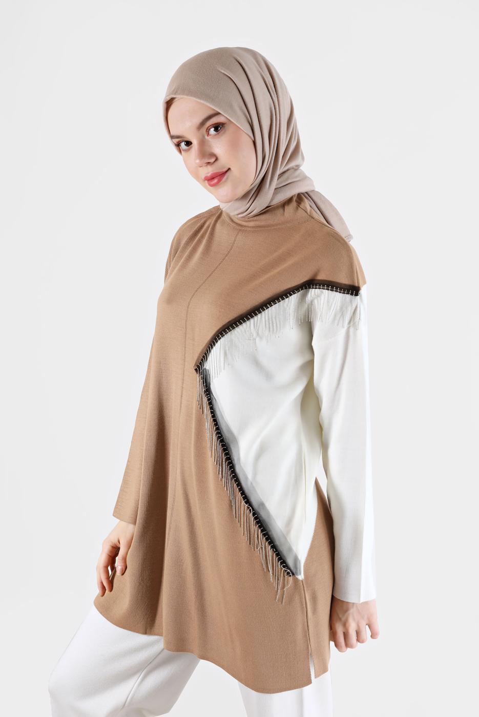 Tesettür giyim KAHVE 2 RENK PÜSKÜL DETAYLI TUNİK 33541 