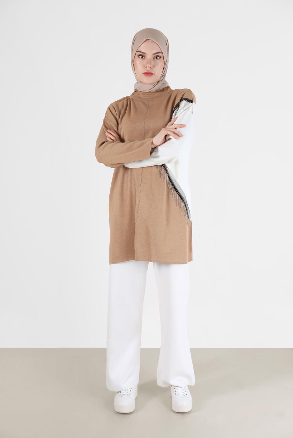 Tesettür giyim KAHVE 2 RENK PÜSKÜL DETAYLI TUNİK 33541 