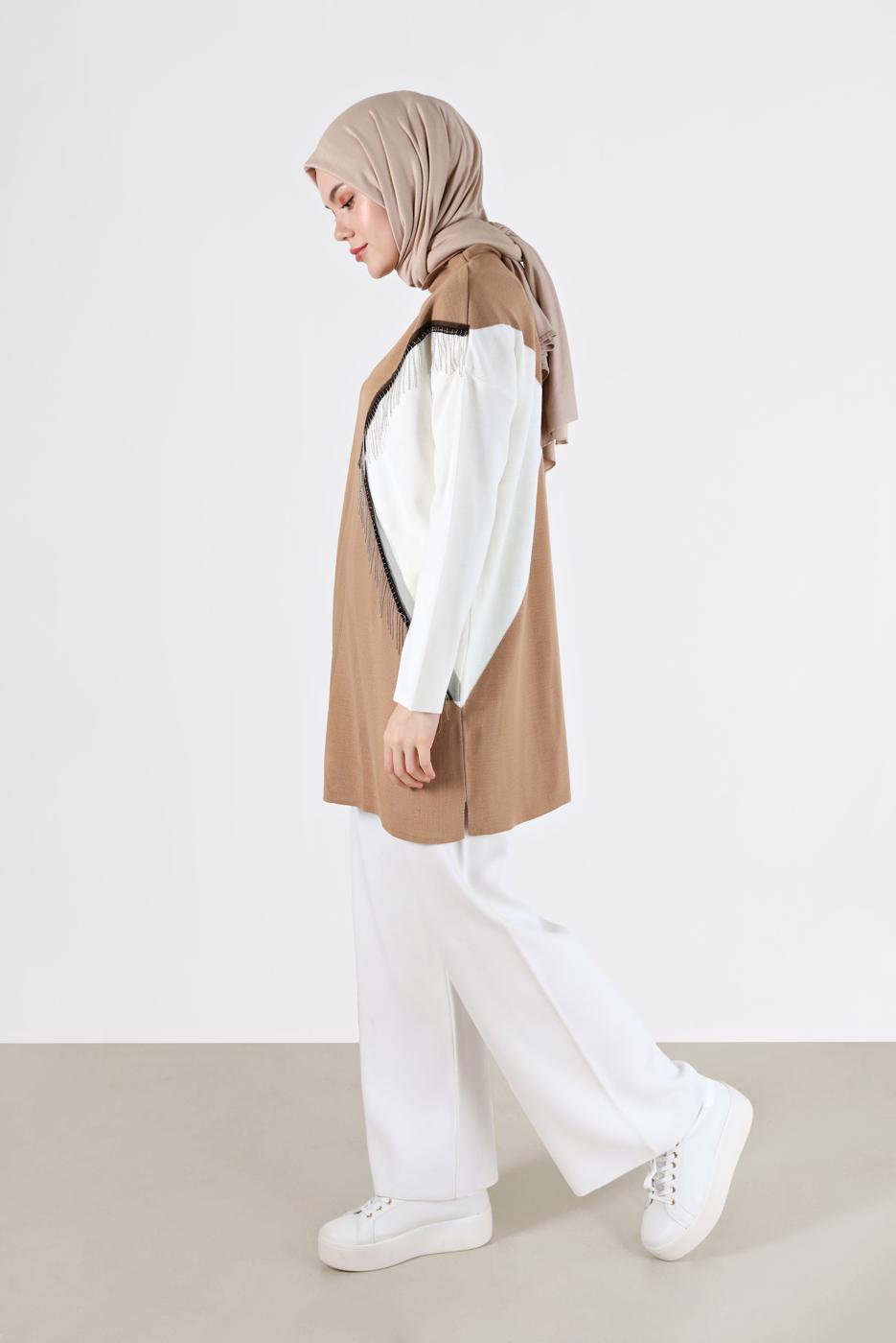 Tesettür giyim KAHVE 2 RENK PÜSKÜL DETAYLI TUNİK 33541 