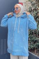 Tesettür giyim MAVİ KAPÜŞONLU BAĞCIKLI TUNİK 165 