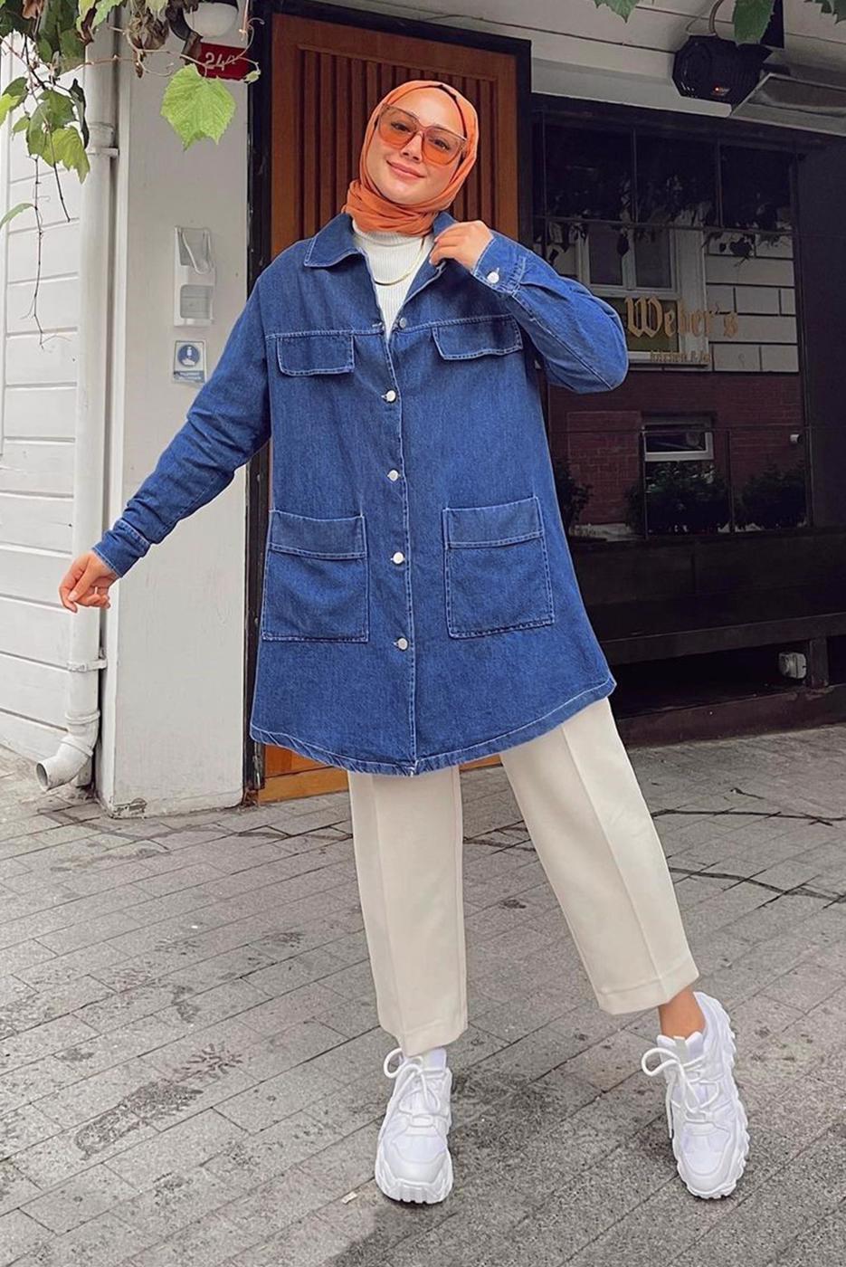 Tesettür giyim LACİVERT CEP DETAYLI DENİM TUNİK 482 
