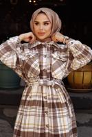 Hijab clothing BROWN BELT DETAIL CHECKED FLANNEL TUNIC 1167