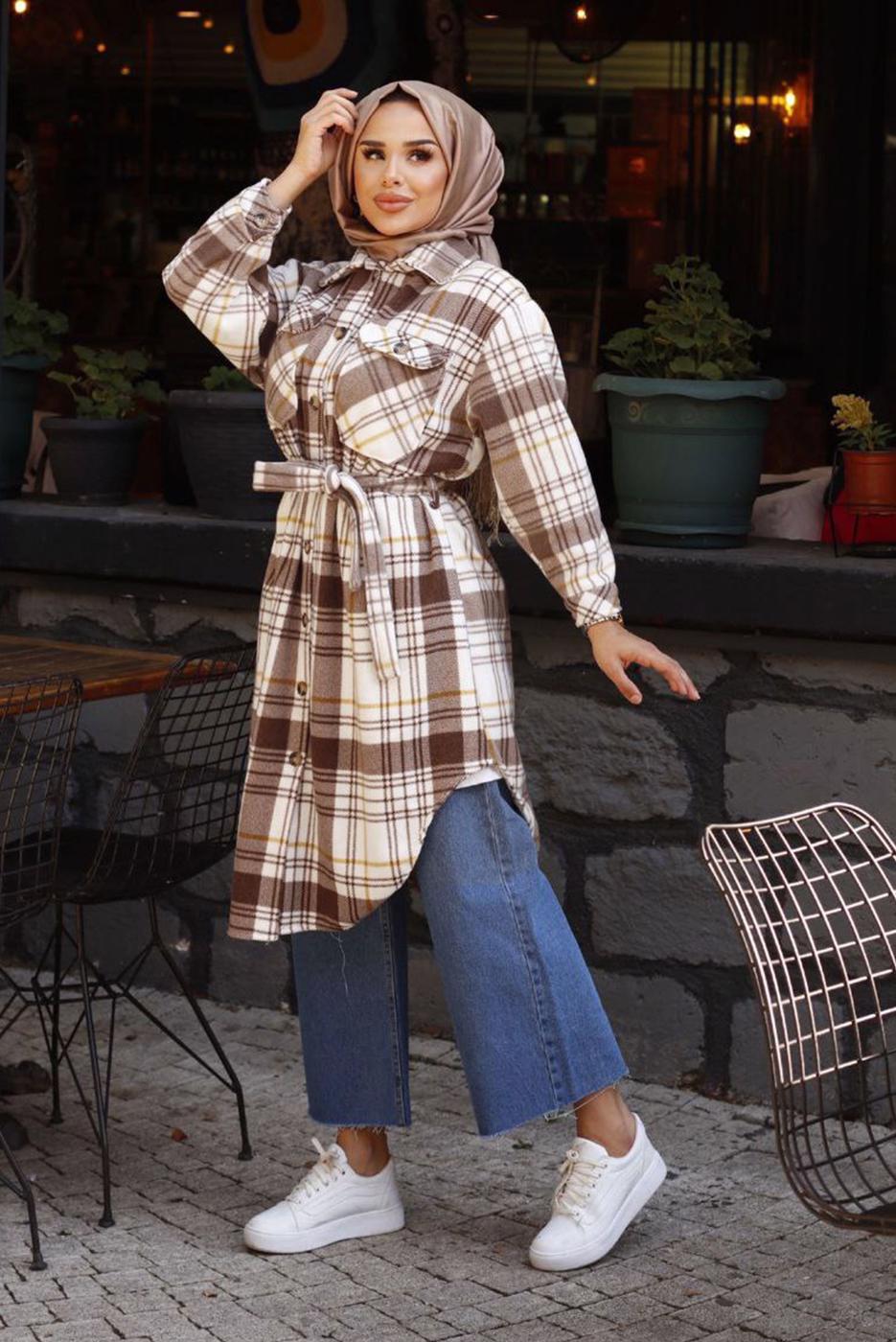 Hijab clothing BROWN BELT DETAIL CHECKED FLANNEL TUNIC 1167
