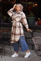Hijab clothing BROWN BELT DETAIL CHECKED FLANNEL TUNIC 1167