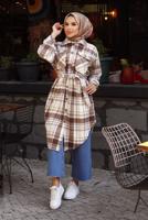 Hijab clothing BROWN BELT DETAIL CHECKED FLANNEL TUNIC 1167