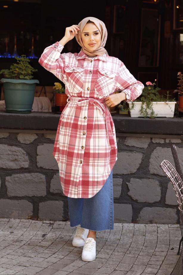 Tesettür giyim  KUŞAKLI EKOSE DESEN ODUNCU TUNİK 1167  - TRENDTESETTÜR