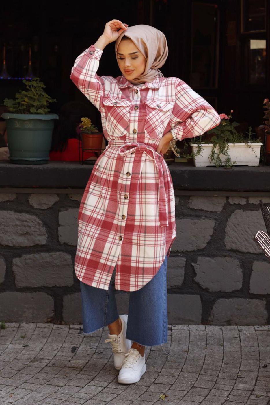 Vêtements hijab CORAIL TUNIQUE EN FLANELLE À CARREAUX AVEC CEINTURE 1167