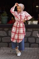Vêtements hijab CORAIL TUNIQUE EN FLANELLE À CARREAUX AVEC CEINTURE 1167