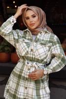 Vêtements hijab VERT TUNIQUE EN FLANELLE À CARREAUX AVEC CEINTURE 1167