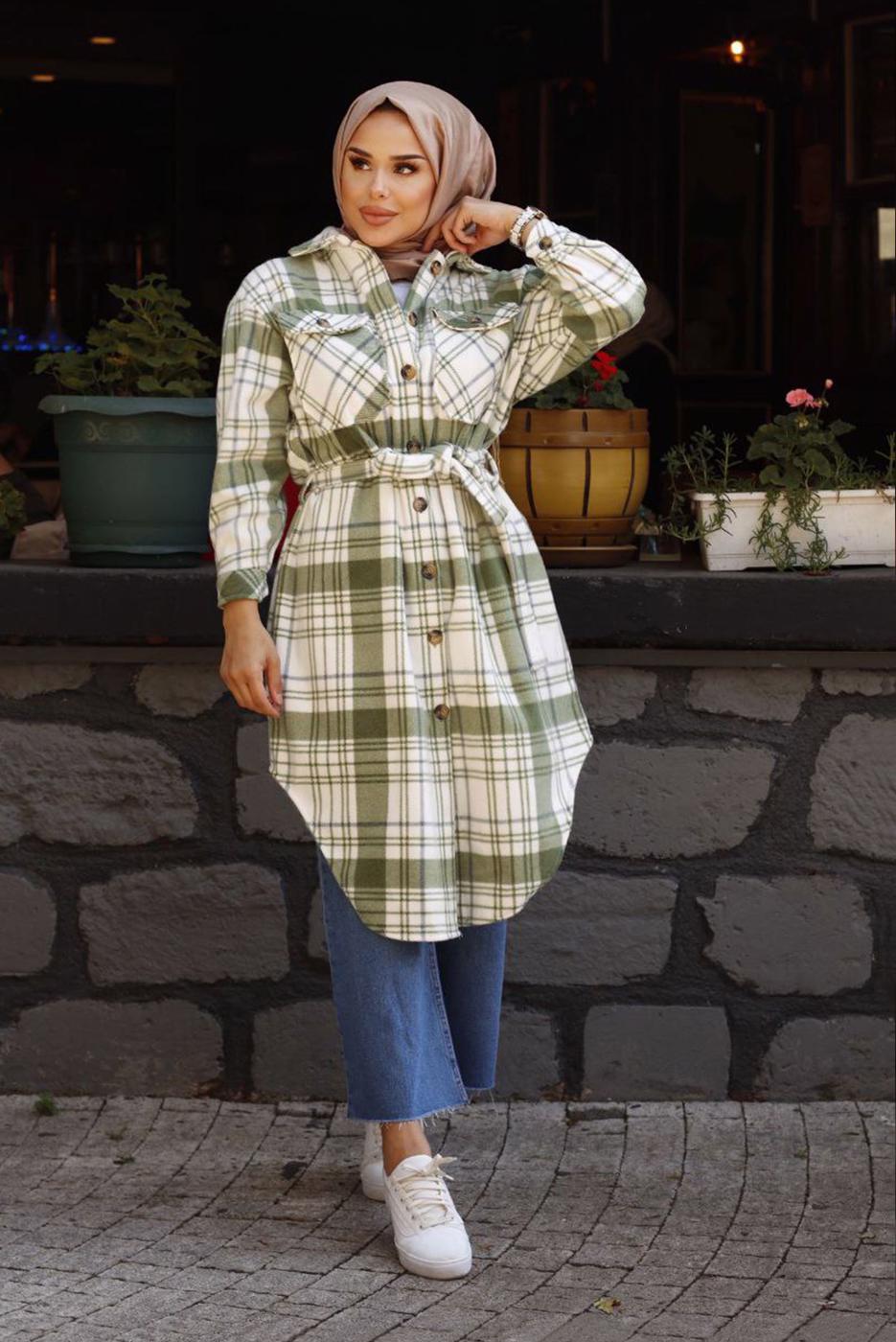 Vêtements hijab VERT TUNIQUE EN FLANELLE À CARREAUX AVEC CEINTURE 1167