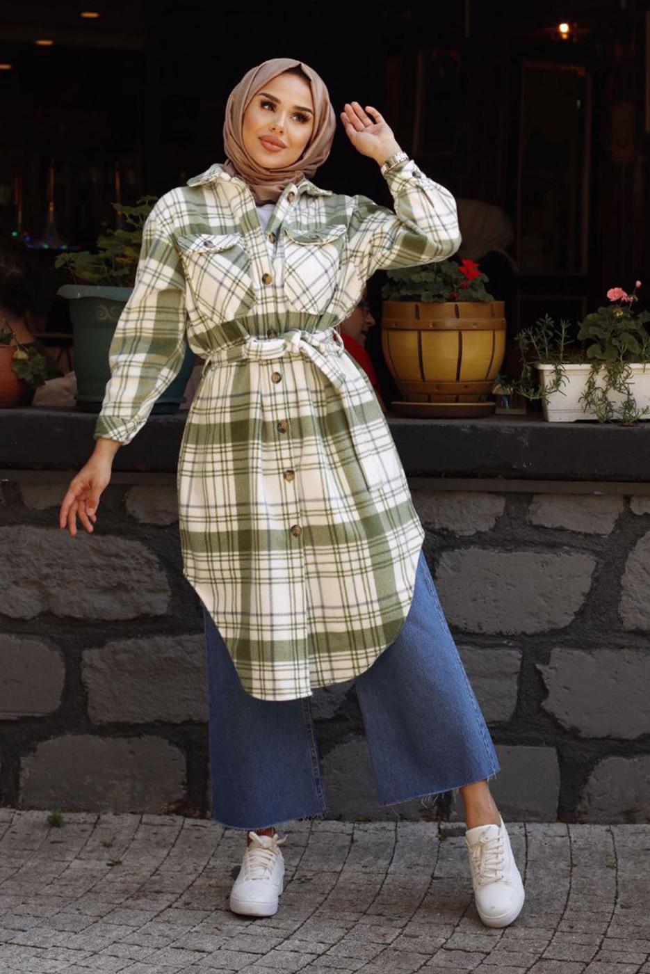 Vêtements hijab VERT TUNIQUE EN FLANELLE À CARREAUX AVEC CEINTURE 1167