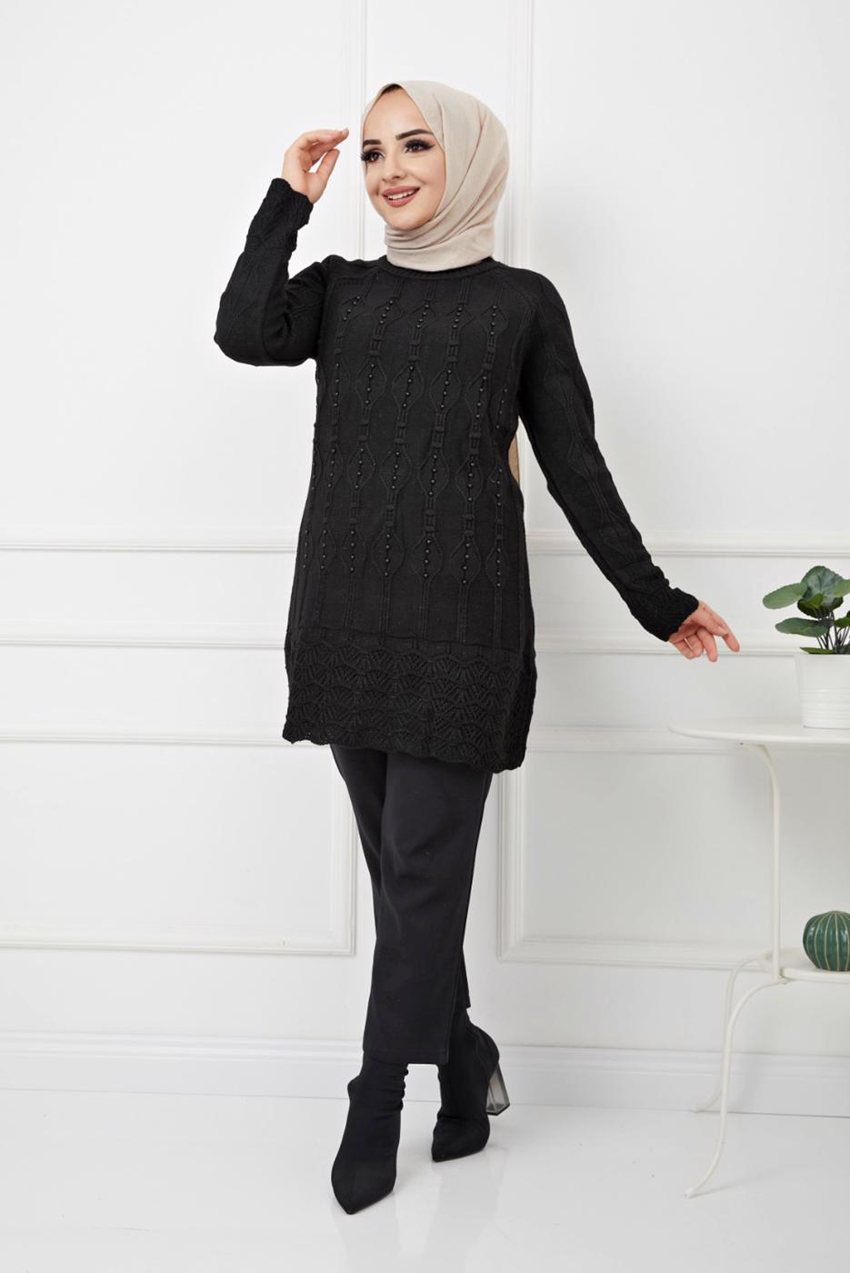 Tesettür giyim SİYAH KENDİNDEN DESENLİ BONCUK İŞLEMELİ TRİKO TUNİK 2629 