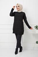 Tesettür giyim SİYAH KENDİNDEN DESENLİ BONCUK İŞLEMELİ TRİKO TUNİK 2629 