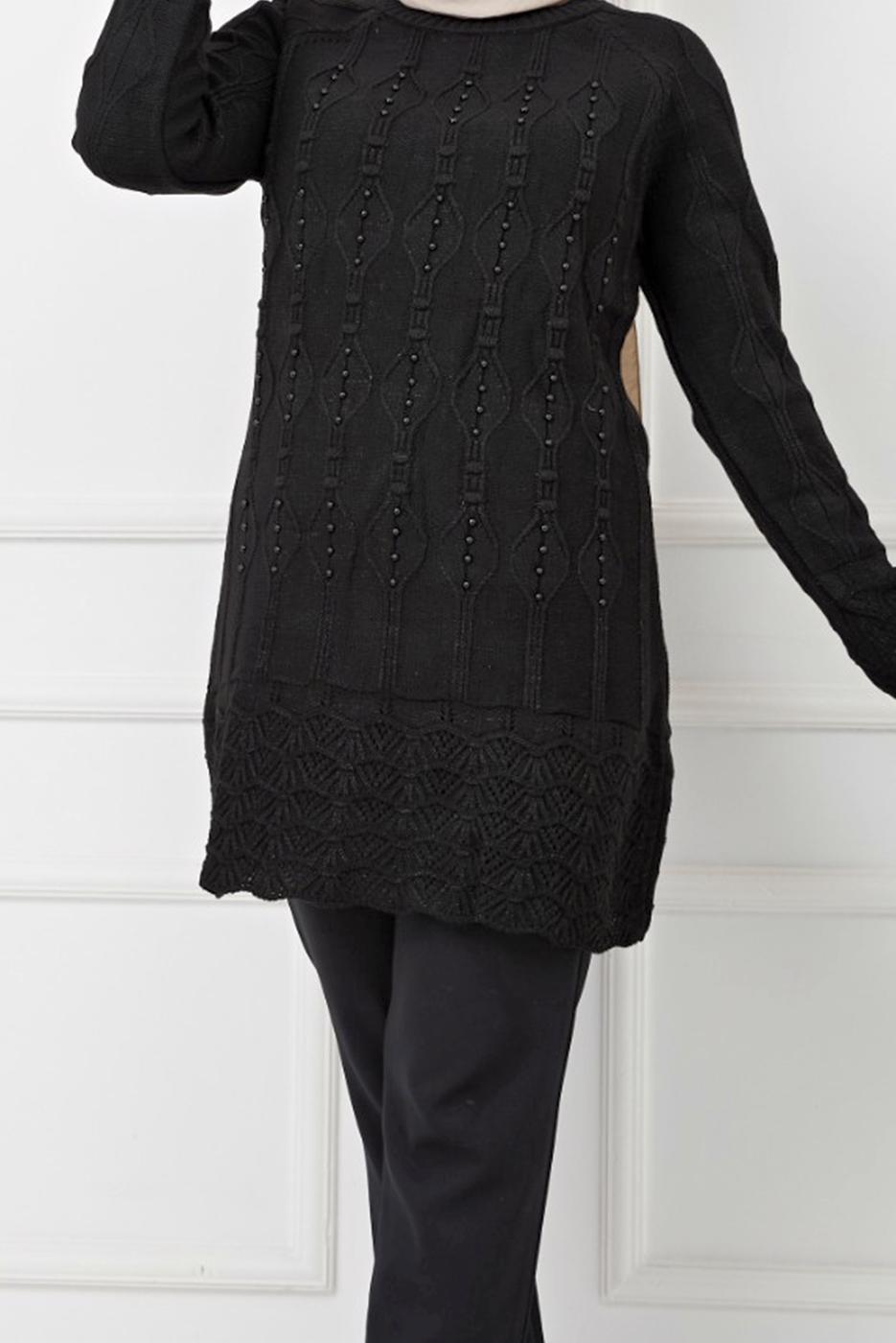 Tesettür giyim SİYAH KENDİNDEN DESENLİ BONCUK İŞLEMELİ TRİKO TUNİK 2629 