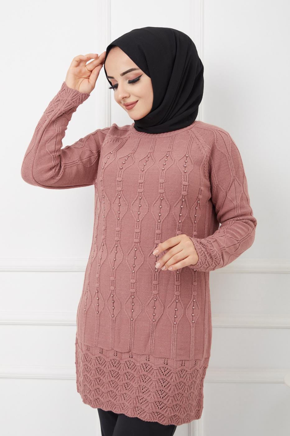 Tesettür giyim PUDRA KENDİNDEN DESENLİ BONCUK İŞLEMELİ TRİKO TUNİK 2629 