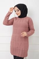 Tesettür giyim PUDRA KENDİNDEN DESENLİ BONCUK İŞLEMELİ TRİKO TUNİK 2629 