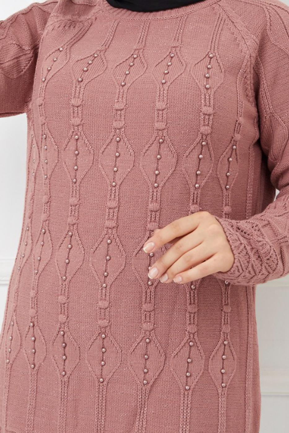 Tesettür giyim PUDRA KENDİNDEN DESENLİ BONCUK İŞLEMELİ TRİKO TUNİK 2629 