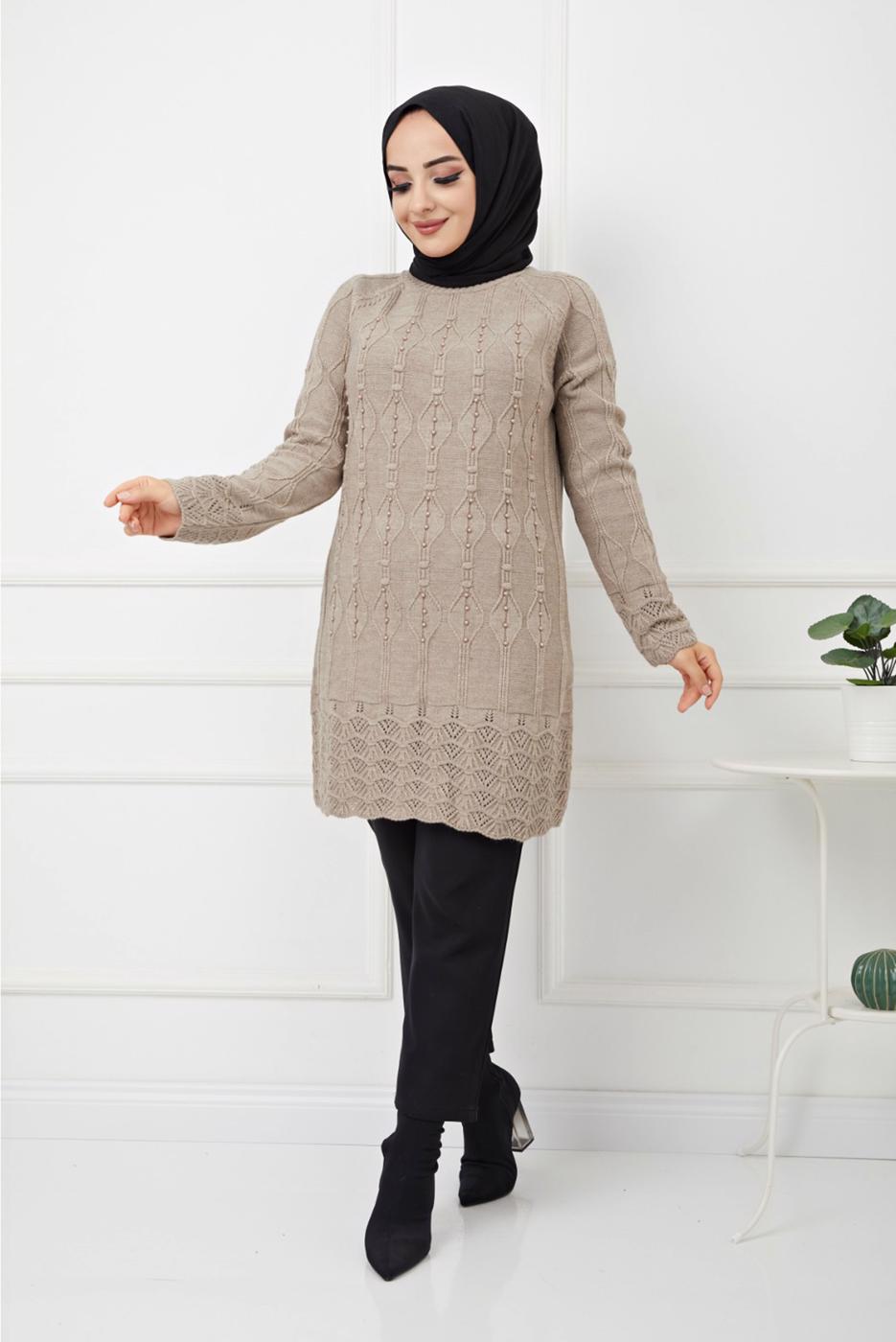 Tesettür giyim VİZON KENDİNDEN DESENLİ BONCUK İŞLEMELİ TRİKO TUNİK 2629 