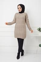 Tesettür giyim VİZON KENDİNDEN DESENLİ BONCUK İŞLEMELİ TRİKO TUNİK 2629 