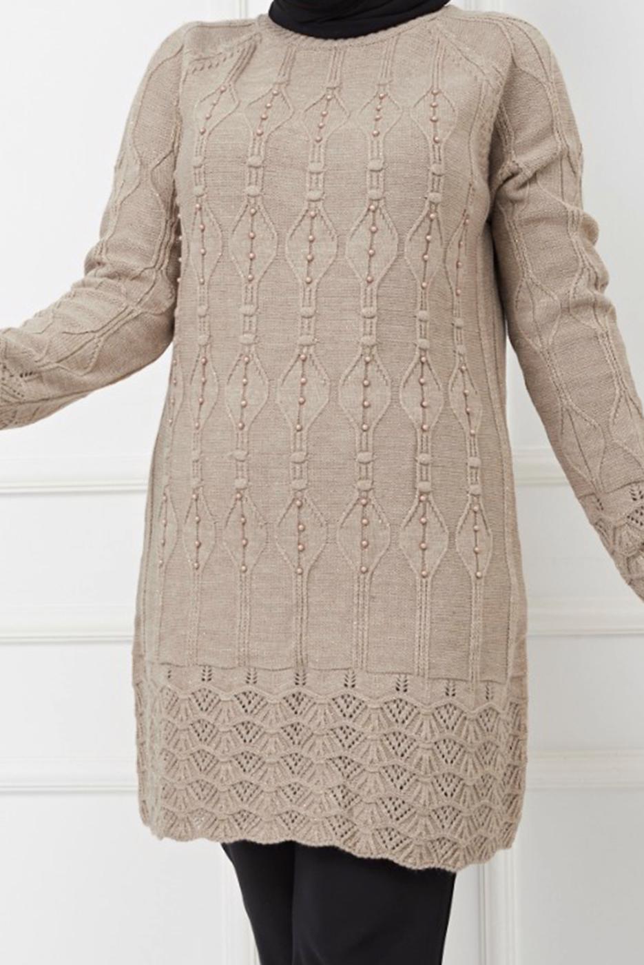 Tesettür giyim VİZON KENDİNDEN DESENLİ BONCUK İŞLEMELİ TRİKO TUNİK 2629 