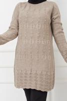 Tesettür giyim VİZON KENDİNDEN DESENLİ BONCUK İŞLEMELİ TRİKO TUNİK 2629 