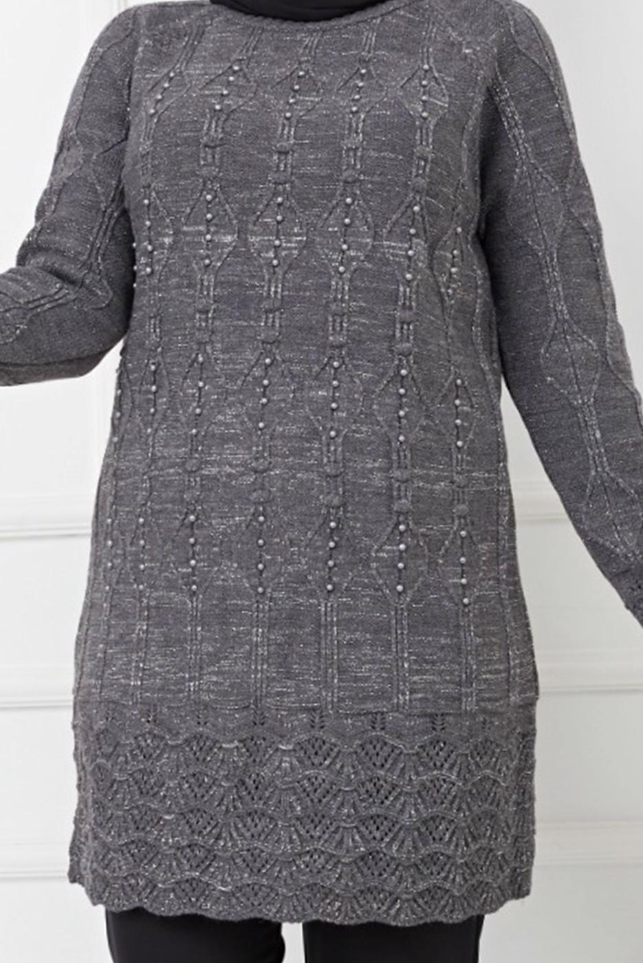 Tesettür giyim GRİ KENDİNDEN DESENLİ BONCUK İŞLEMELİ TRİKO TUNİK 2629 