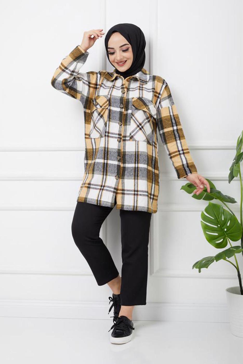 Tesettür giyim TURUNCU CEP DETAYLI EKOSE DESEN TUNİK 3954 