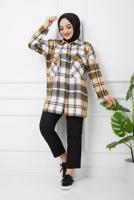 Tesettür giyim TURUNCU CEP DETAYLI EKOSE DESEN TUNİK 3954 