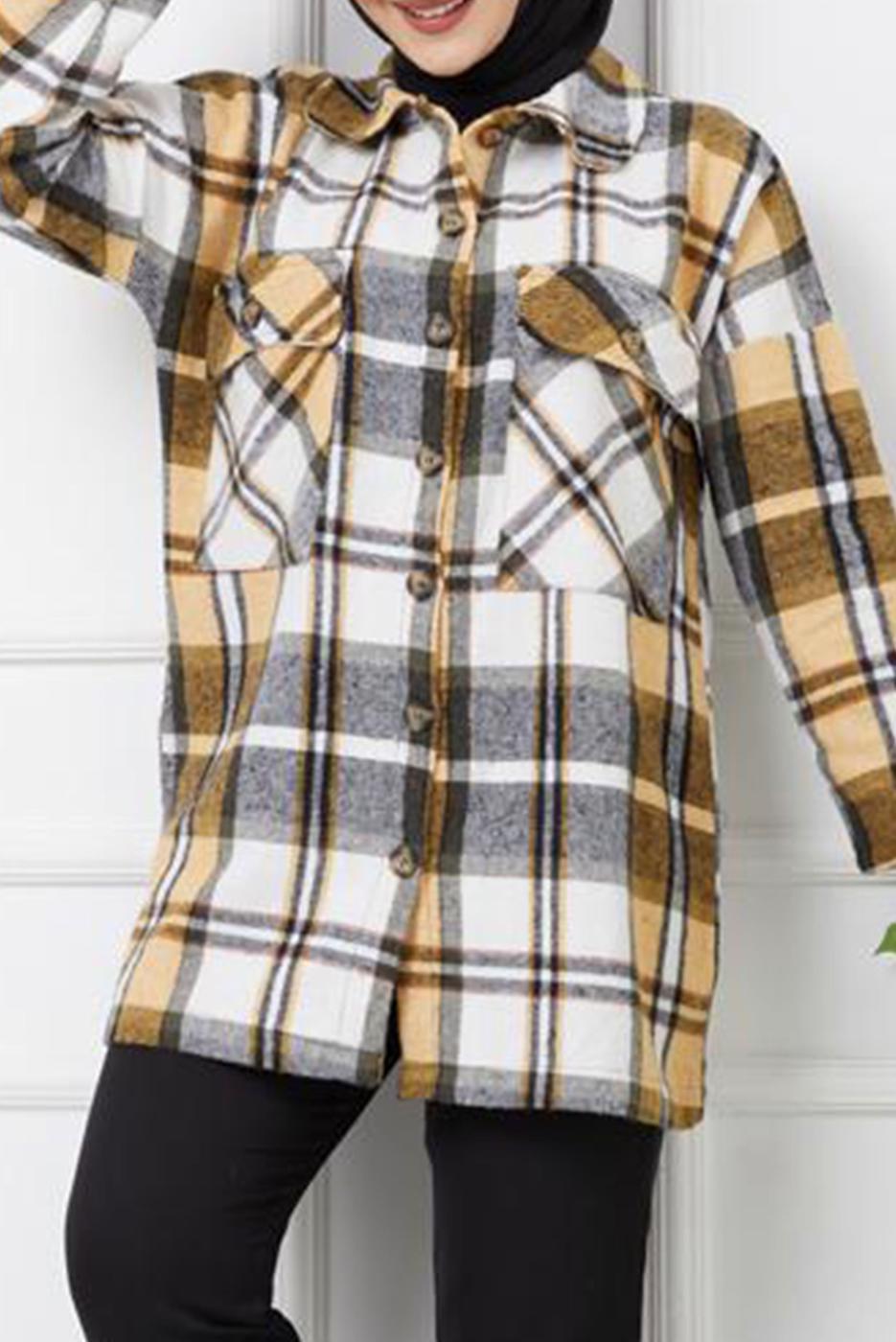 Tesettür giyim TURUNCU CEP DETAYLI EKOSE DESEN TUNİK 3954 