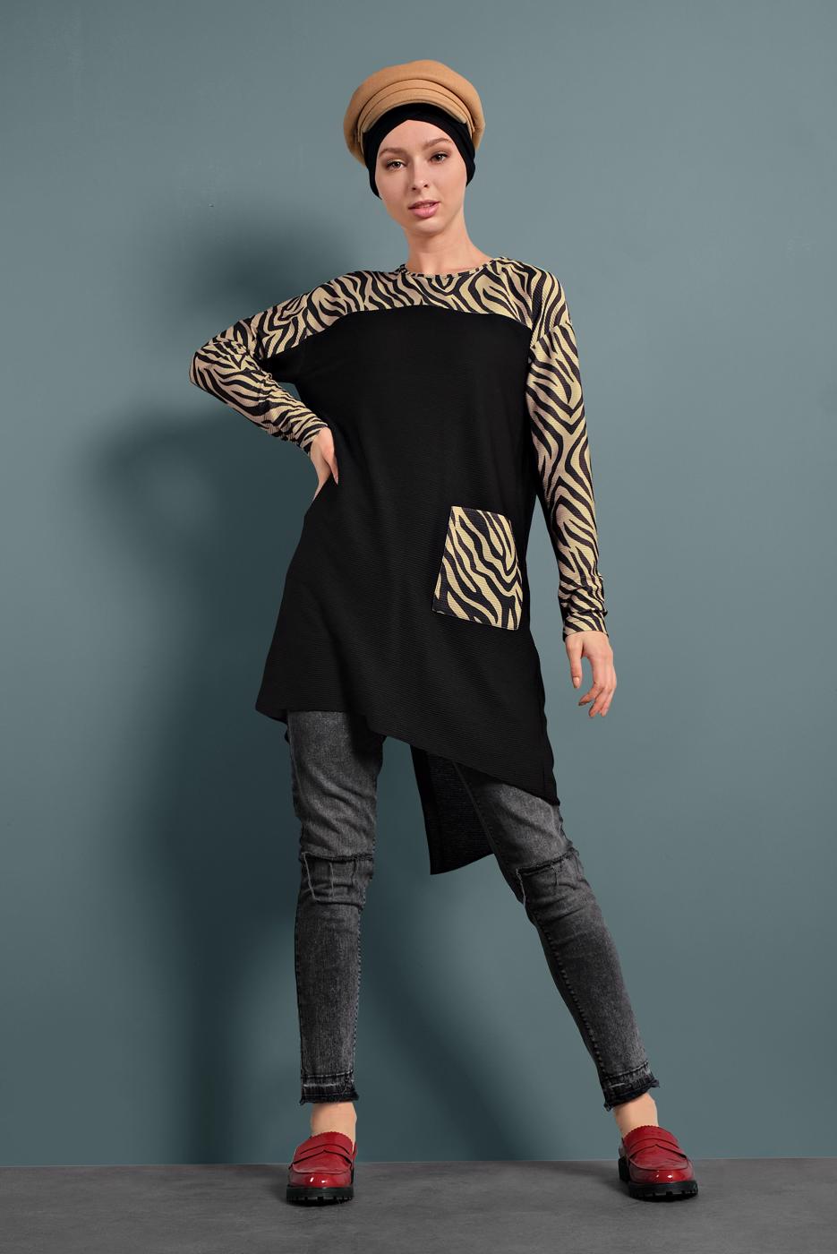Tesettür giyim SİYAH ALVİNA ZEBRA DESENLİ TUNİK 40357 
